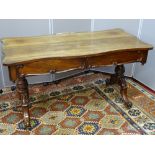 A VICTORIAN ROSEWOOD LIBRARY TABLE, the serpentine shaped top over twin frieze drawers with