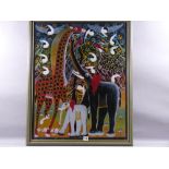 TANZANIAN TINGA TINGA SCHOOL oil - colourful depiction of an elephant with young and exotic birds