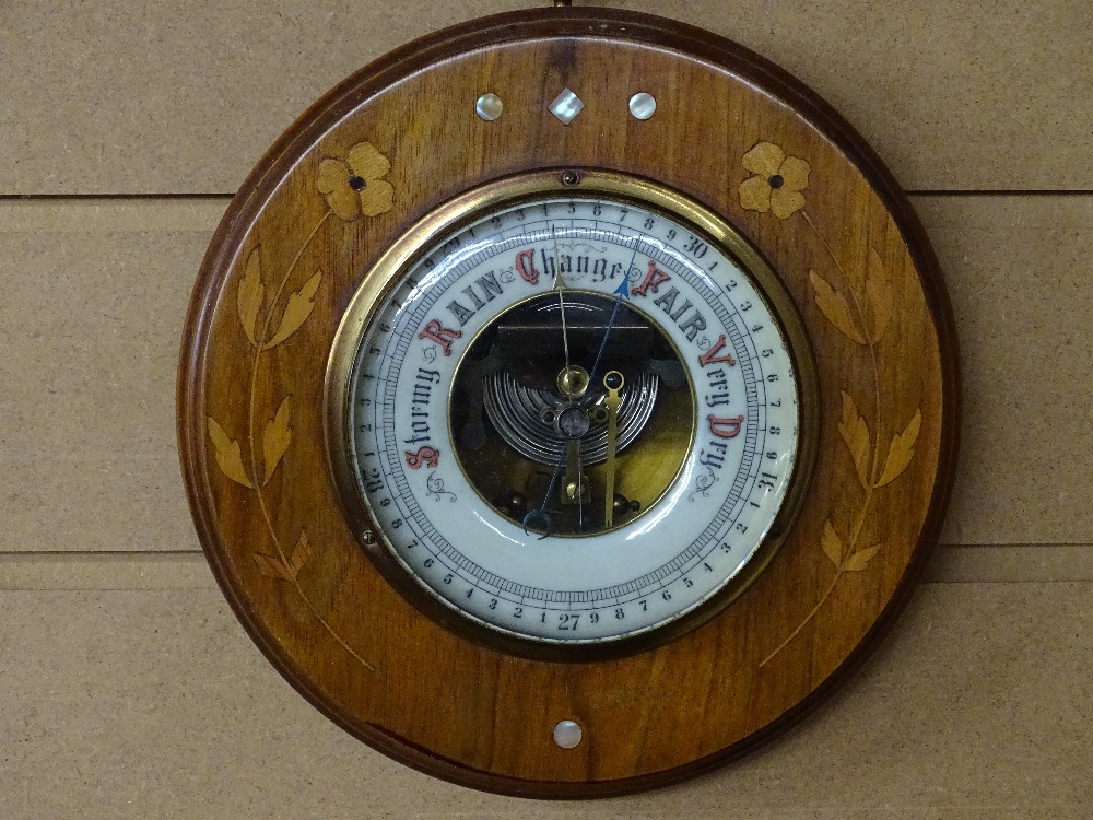 TWO VINTAGE WALL BAROMETERS, an inlaid circular mahogany example with mother of pearl insets, the - Image 2 of 4