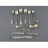 EIGHT PIECES OF ENGLISH SILVER FLATWARE and three Scandinavian silver handled items, 5.6 troy ozs