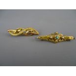 Nine carat gold entwined bar brooch, 3.4 grms and a fifteen carat gold seed pearl and turquoise