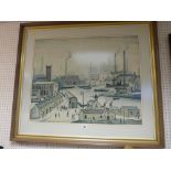 L S LOWRY print - Manchester canal and town scene, 60 x 74 cms