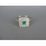 Presumed white gold square cut emerald and diamond cluster ring, 3.3 grms gross