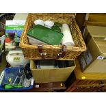 Vintage picnic basket and contents and a box containing Mattstone multi-purpose juice extractor