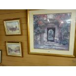 Gilt framed decorative print of a courtyard and two HOWELL MITCHELL prints - Llandudno