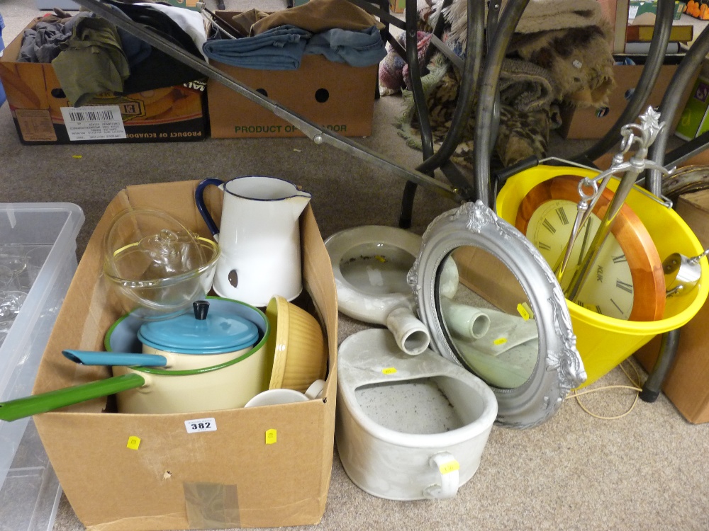 Box of enamel and other kitchenware, a pottery slipper pan and one other, a plastic bucket and