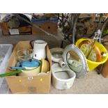 Box of enamel and other kitchenware, a pottery slipper pan and one other, a plastic bucket and