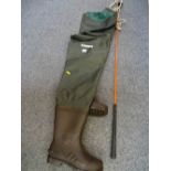 Pair of Daiwa waders and a carriage horse whip