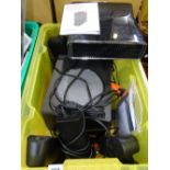 Tub containing XBox 360 and various Logitech speakers E/T