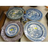 Selection of Willow pattern plates, a small Oriental style bottle vase etc