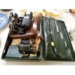 Vintage writing case, a pair of Ross, London 15x40 binoculars in carry case etc