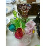 Selection of colourful glassware, Venetian and Mary Gregory in style with two uranium glass beakers