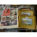 Six Eagle comics in good condition, April and May 1950 and a quantity of framed pictures and prints