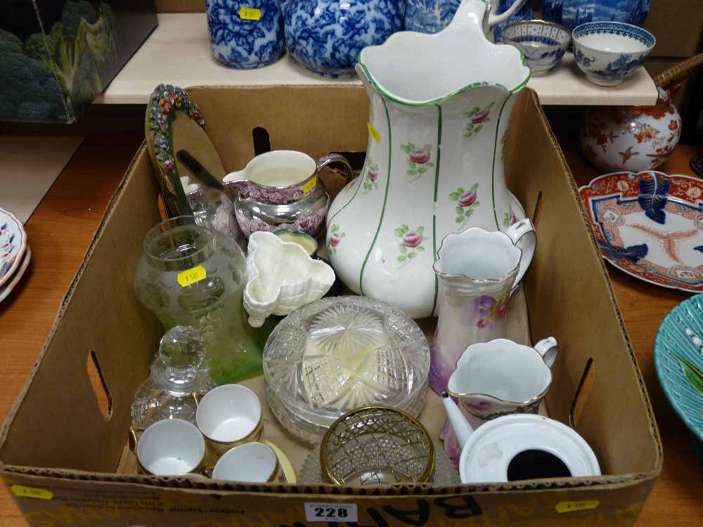 Box of china and glassware including good coloured lampshade, Royal Worcester, pink lustre jug etc