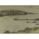 SIR KYFFIN WILLIAMS RA pencil and watercolour - coastal view with figures on a jetty and rows of