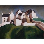 JOHN CLEAL oil on canvas - house and farm buildings on a hill, entitled verso 'Brecon Farm',