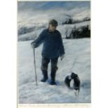 ALISON BRADLEY colour print - farmer and dog in the snow homeward bound, signed, 25 x 17cms (