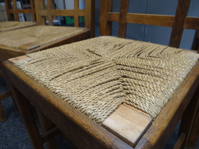 SIX RUSH SEATED BRYNMAWR OAK CHAIRS having lattice backs - Image 4 of 13