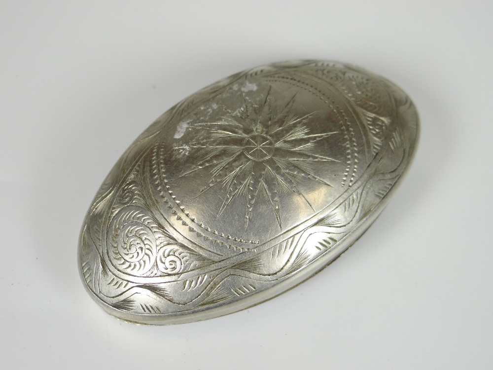 A VICTORIAN CONCAVE WHITE METAL SNUFF BOX having a hinging lid engraved in block capitals 'John - Image 2 of 2