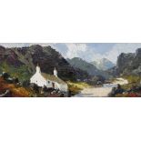 CHARLES WYATT WARREN oil on board - Snowdonia landscape with white washed cottage in the