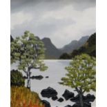 DAVID BARNES oil on board - lake scene, signed in full verso, 50 x 40cms