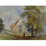 DAVID COX watercolour - figures in a church yard with unusual church building and trees, entitled