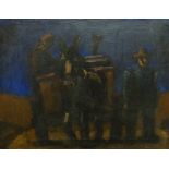 JOSEF HERMAN oil on canvas - a mule, cart and two labourers, entitled verso 'Dusk', labels verso, 51