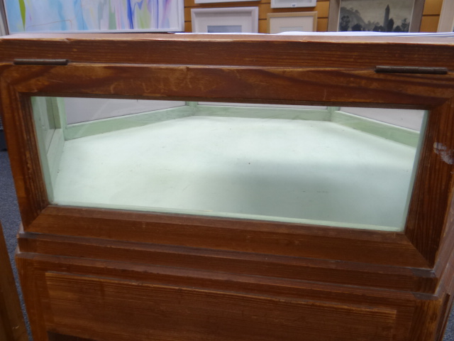 A BRYNMAWR PITCH-PINE SPECIMEN TABLE OF HEXAGONAL FORM with raised top having glass panes to each - Image 6 of 10