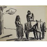 JOSEF HERMAN inkwash and pencil - two peasant figures, mule and cart, 17 x 22cms (unframed and