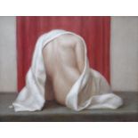 HARRY HOLLAND oil on board - life study of a nude partially shrouded in silk blanket, signed, 43 x