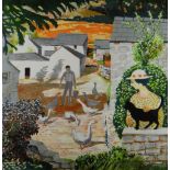 JOHN ELWYN artist proof colour lithograph - farmyard scene with lady and cat and figure feeding