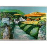 JOHN ELWYN artist proof colour lithograph - farmhouse with farm land and lane, signed, 42 x 58cms (