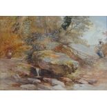 THOMAS LINDSAY watercolour - female figure carrying water by a brook with rocks and water vessel,