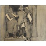 JOSEF HERMAN inkwash and pencil - three standing figures in a doorway, 20 x 25cms (unframed and