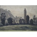 SIR KYFFIN WILLIAMS RA oil on board - early Irish landscape with monastery, entitled verso '