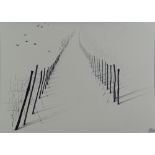 DEWI TUDUR MORUS ink on paper, mounted but unframed - starlings in a snow covered vineyard,