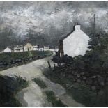 WILF ROBERTS oil on canvas - Anglesey lane with houses and chapel, entitled verso 'Porth Amlwch',