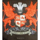 WELSH COAT OF ARMS SILK EMBROIDERY PANEL with two opposing dragons, Prince of Wales feathers, 37 x