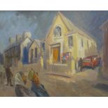 GARETH PARRY oil on board - street scene with two ladies observing a chapel with an agents sold