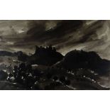 SIR KYFFIN WILLIAMS RA inkwash - dramatic landscape with castle, entitled on Albany Gallery label