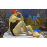 CLAUDIA WILLIAMS oil on canvas - bather by the shore with two figures, entitled verso on Martin
