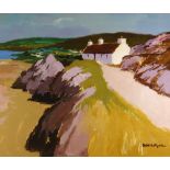 DONALD McINTYRE acrylic - white washed coastal cottage with lane and headland, entitled verso '