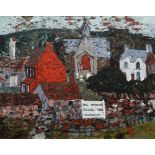 GWILYM PRICHARD oil on board - village scene with church and houses, with Arts Council of Great