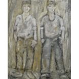 RAY EVANS oil on canvas - signed with exhibition label verso titled 'Two Miners', 74 x 58cms (framed