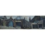 JONATHAN CRAMP oil on board - industrial sheds and buildings in Pembrokeshire street, entitled verso