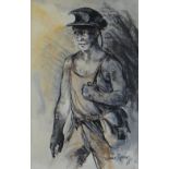 VALERIE GANZ mixed media - three quarter portrait of a standing miner in vest with satchel and