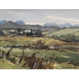 DONALD McINTYRE oil on board - landscape with a farmhouse and mountains beyond, signed, 34 x