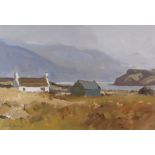 GARETH THOMAS gouache - Scottish white washed cottage and barn beside a loch, entitled verso '