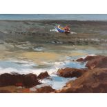 DONALD McINTYRE acrylic - coastal scene with small motorboat and figure, heading out, signed with