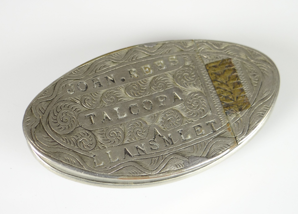 A VICTORIAN CONCAVE WHITE METAL SNUFF BOX having a hinging lid engraved in block capitals 'John